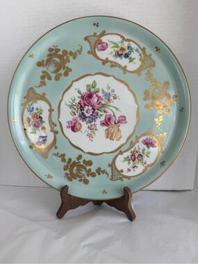 Limoges France Aqua + Gold Floral Decorative Plate Sevres Style 12.25" Diameter
